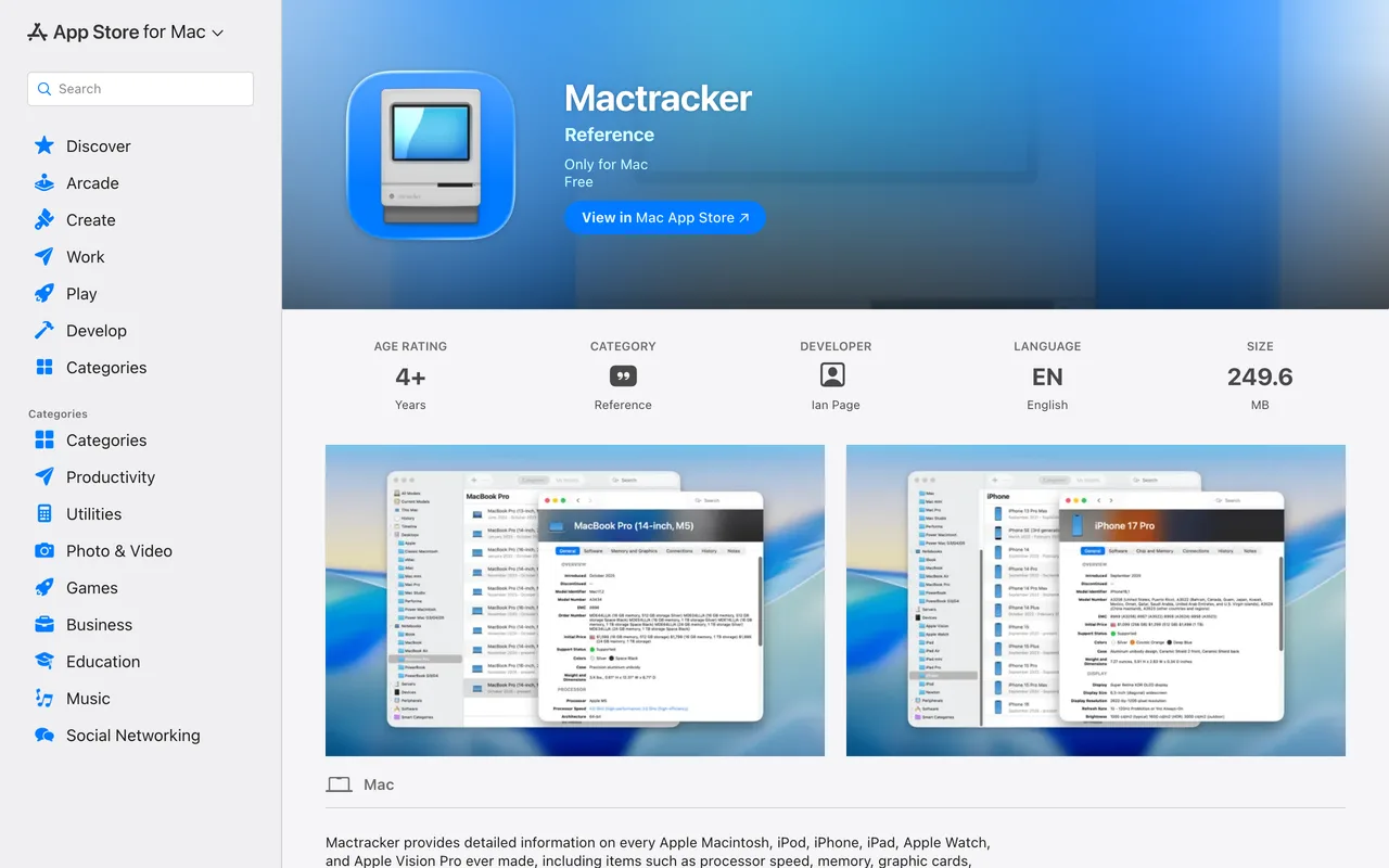 Mactracker:Apple 全產品規格離線資料庫,買二手機先查維修狀態 2 Mactracker 在 Mac App Store 的下載頁面,顯示評分與 macOS 11.0 以上系統需求