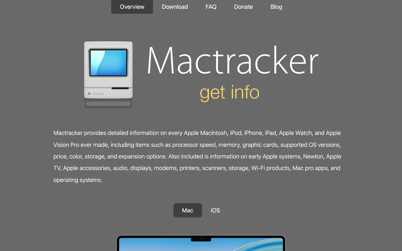 Mactracker:Apple 全產品規格離線資料庫,買二手機先查維修狀態 3 Mactracker 官網首頁,列出收錄範圍與 Geekbench 6、Trivia、My Models 等功能區塊