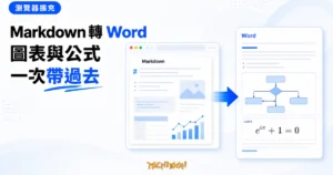 TechMoon 精選圖｜瀏覽器內的 Markdown 文件經由匯出箭頭轉成 Word 文件，圖表與 LaTeX 公式一起保留。