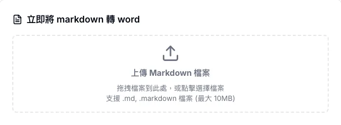 markdowntoword.io 的檔案上傳區：標示支援 .md 與 .markdown 檔案、最大 10MB，提供拖曳與點擊選檔