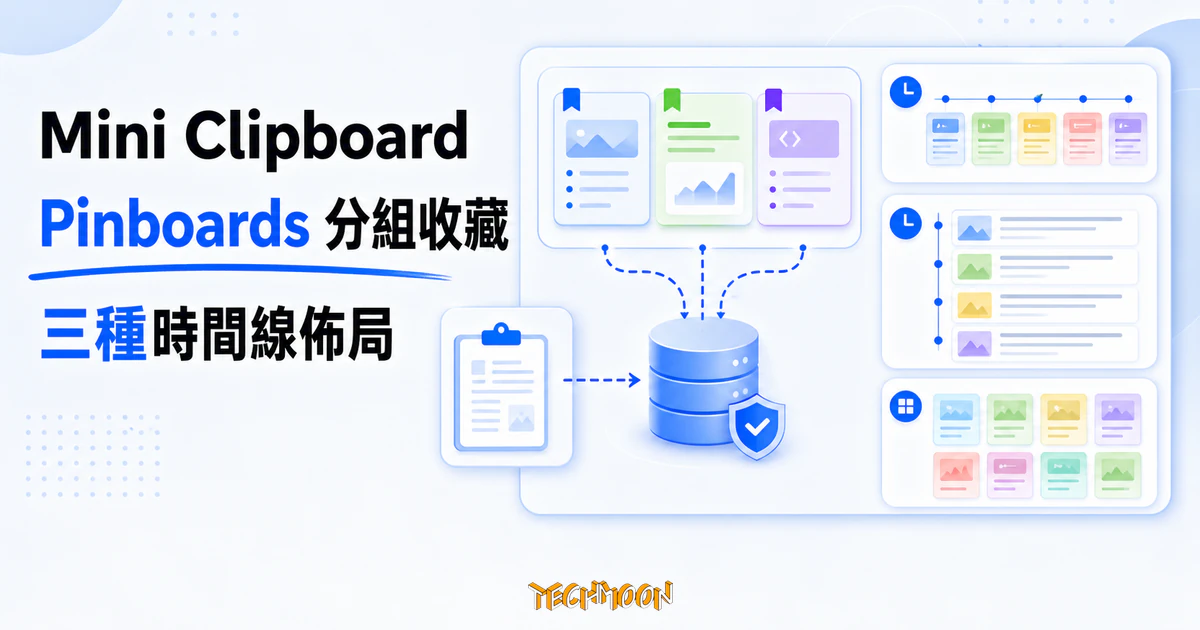 TechMoon 精選圖｜Mini Clipboard macOS 開源剪貼簿管理器，以 Pinboards 分組收藏、三種時間線佈局與本機資料庫呈現剪貼簿整理流程。
