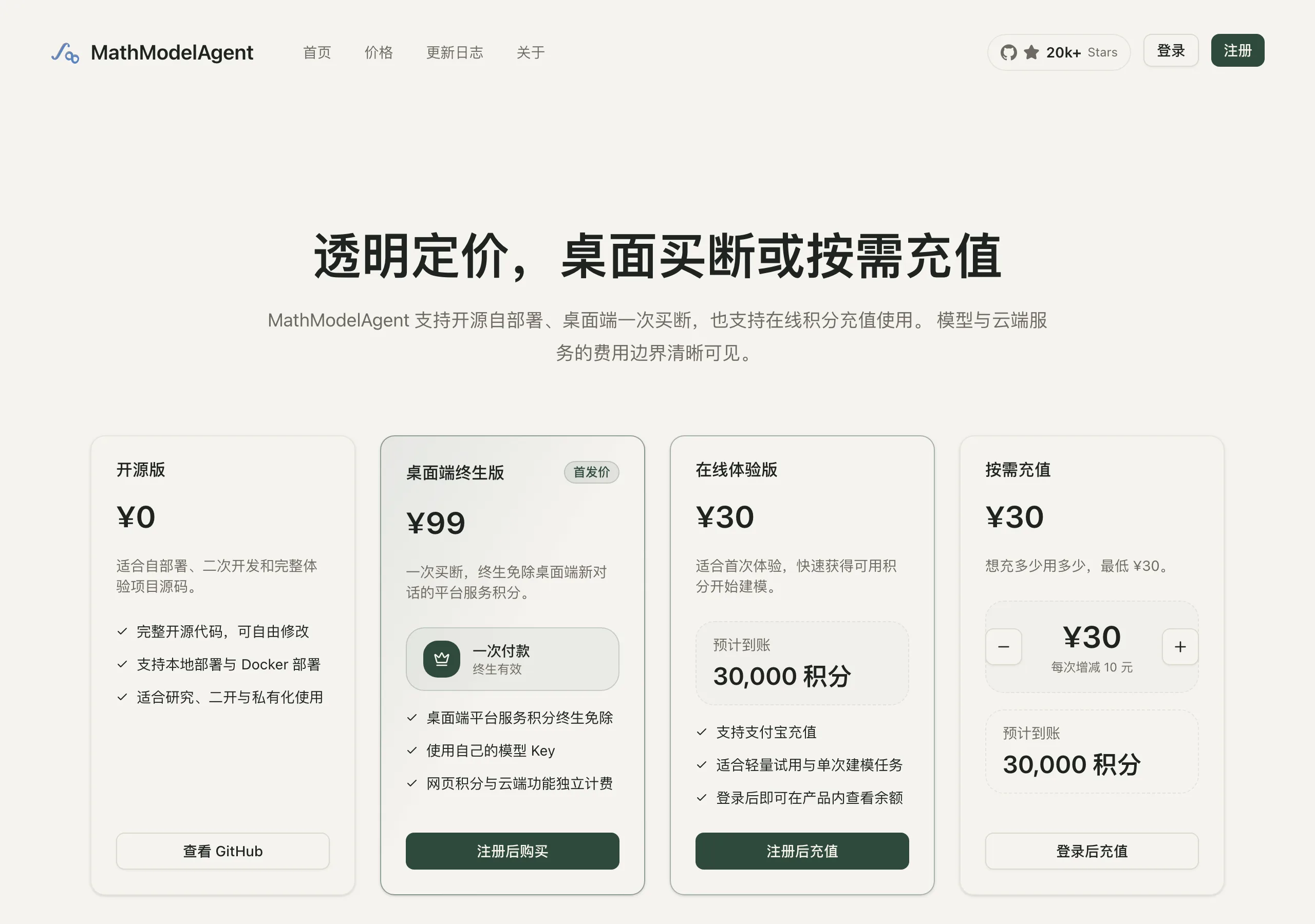 MathModelAgent 價格頁顯示開源版 0 元、桌面端終生版 99 元與線上積分充值的方案與扣費說明