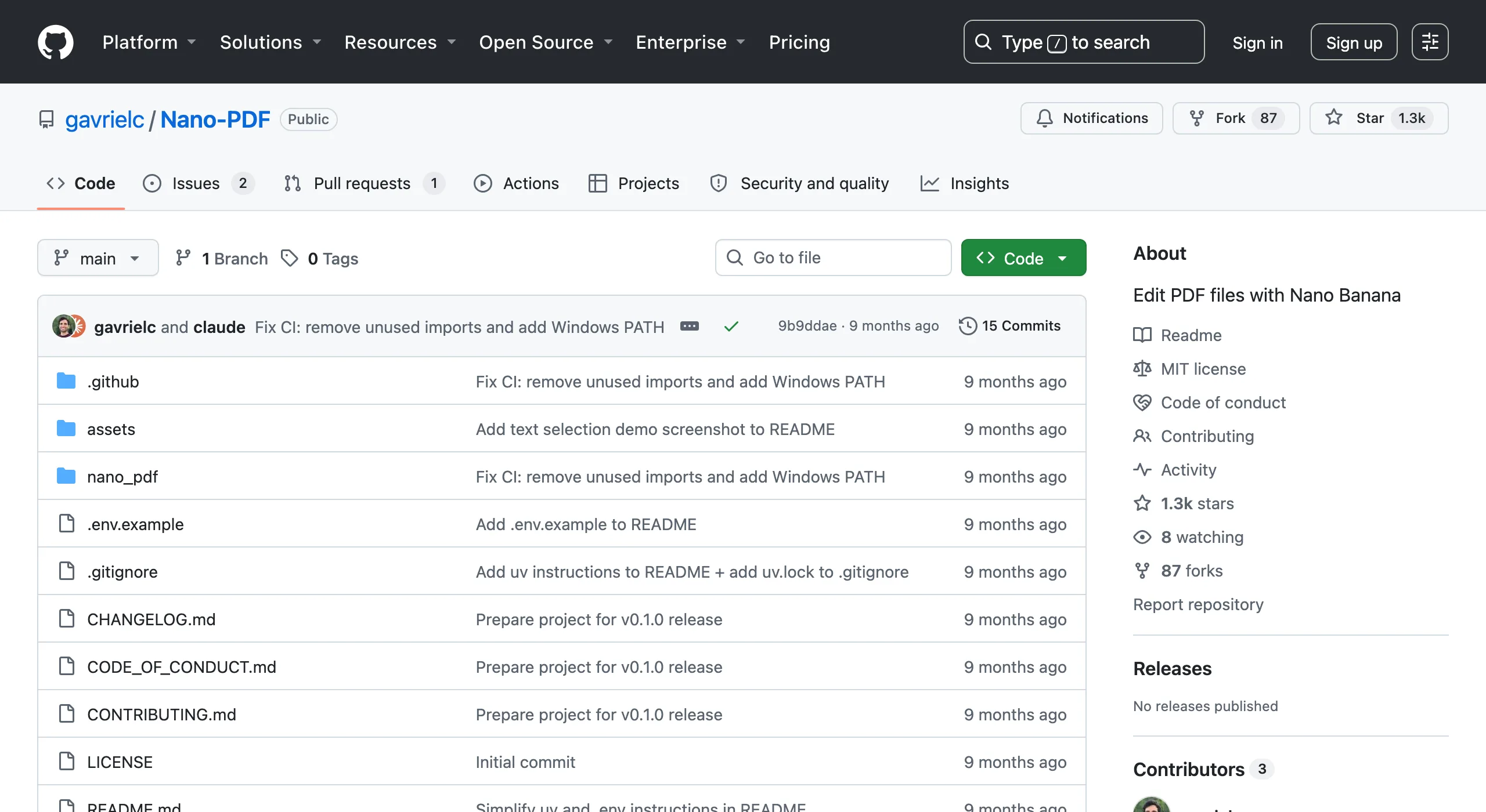Nano PDF 在 GitHub 的專案頁面，顯示 README 說明與專案描述
