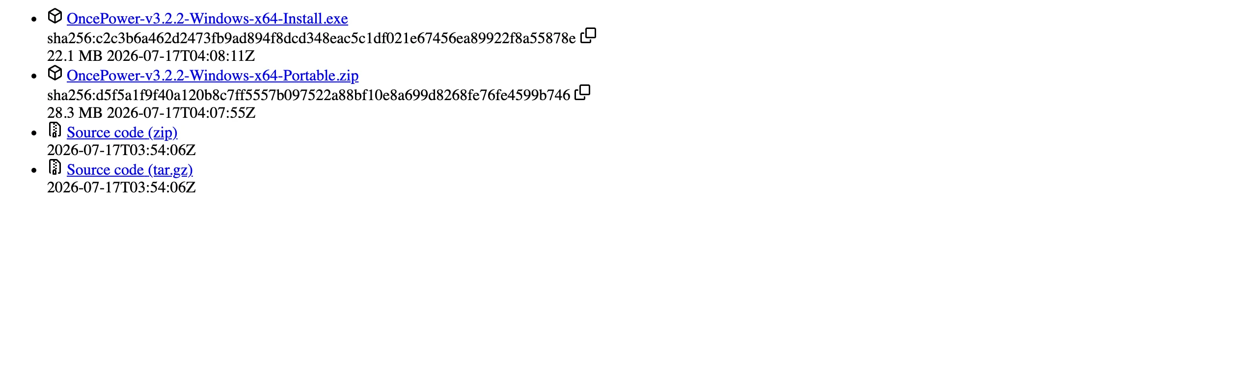 OncePower v3.2.2 的 GitHub releases 資產清單，只有兩個檔案：Windows x64 Install.exe 22.1 MB 與 Portable.zip 28.3 MB，更新日期 2026 年 7 月 17 日