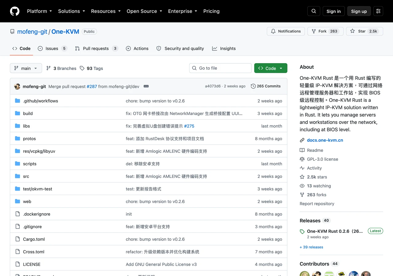 One-KVM 的 GitHub 專案頁截圖，顯示 Rust 語言標示、2.5k stars、263 forks、GPL-3.0 授權與 v260802 最新發布標籤