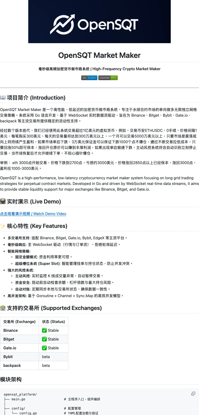 OpenSQT:原始碼公開的加密貨幣做市機器人,用 Go 跑永續合約單向做多網格 2 OpenSQT GitHub 倉庫 README 開頭畫面,顯示專案標題、Go 與 MIT 授權徽章,以及作者自述交易量的專案簡介段落