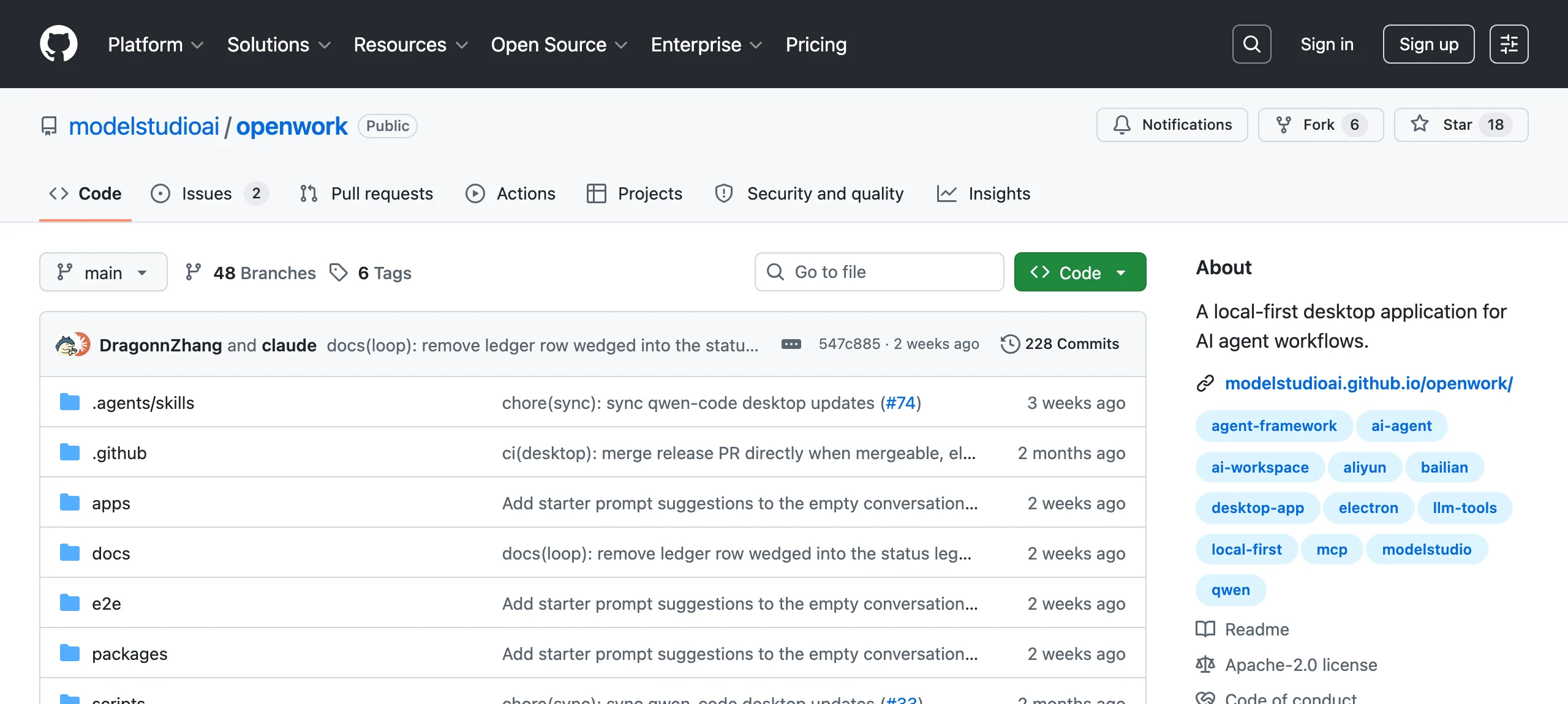 OpenWork 的 GitHub 專案頁面，顯示 repo 名稱 modelstudioai/openwork、星數、Apache-2.0 授權與 README 開頭