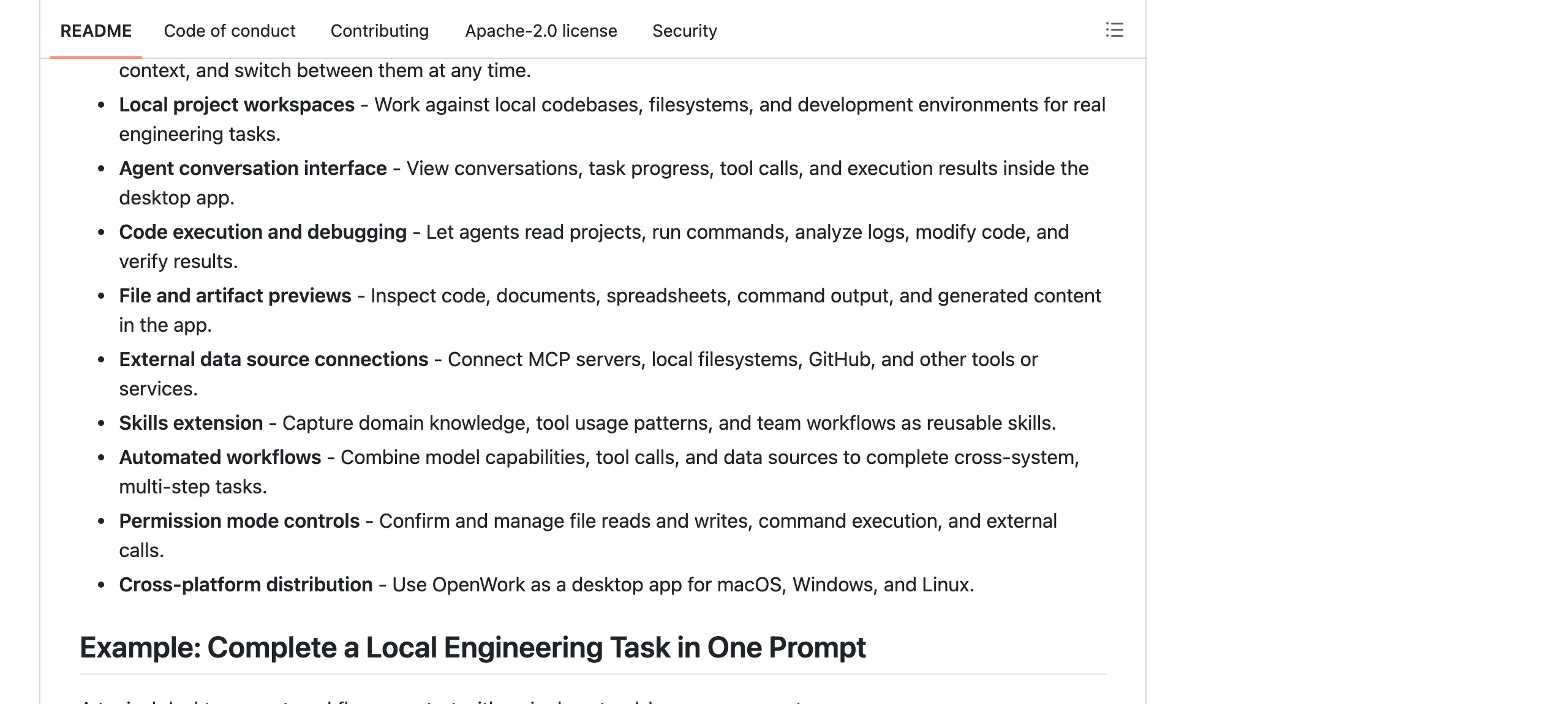 OpenWork README 的 How It Works 段落，說明桌面 app 與 agent runtime 兩層架構的分工