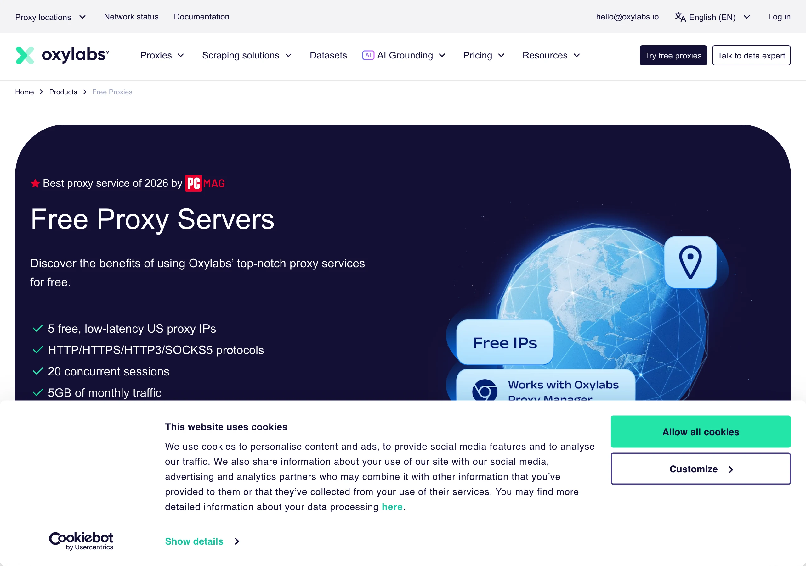 Oxylabs 免費代理怎麼領?5 個美國 IP 的一次性試用額度 3 Oxylabs 官網 Free Proxy List 產品頁首屏,標題寫 Free Proxy List 與 HTTP(S) 及 SOCKS5 IPs,條列 5 個低延遲美國代理 IP、20 個並行連線、每月 5GB 流量與四種協定,並標示 5 個免費代理用一個月、無需信用卡