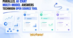 TechMoon 精選圖｜多個 AI 聊天視窗在電腦桌面並排同框作答的科技示意圖