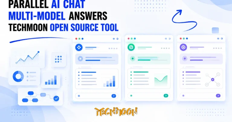 TechMoon 精選圖｜多個 AI 聊天視窗在電腦桌面並排同框作答的科技示意圖