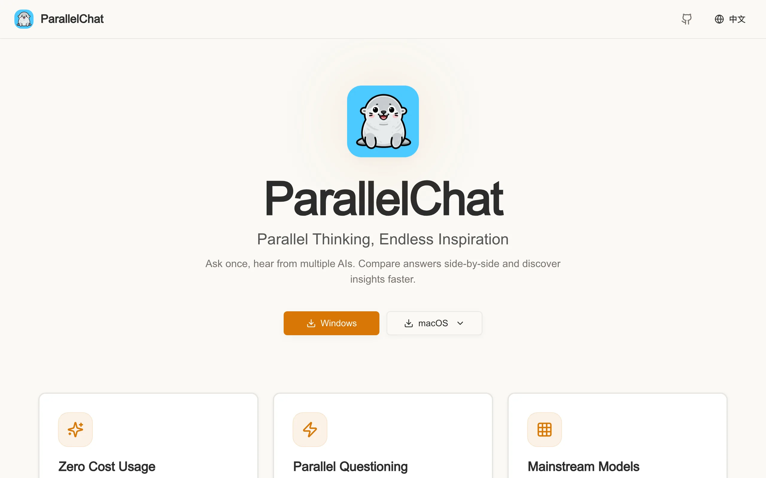 ParallelChat 官方網站首頁截圖，標榜一次提問多個 AI 同時作答與 Windows macOS 下載