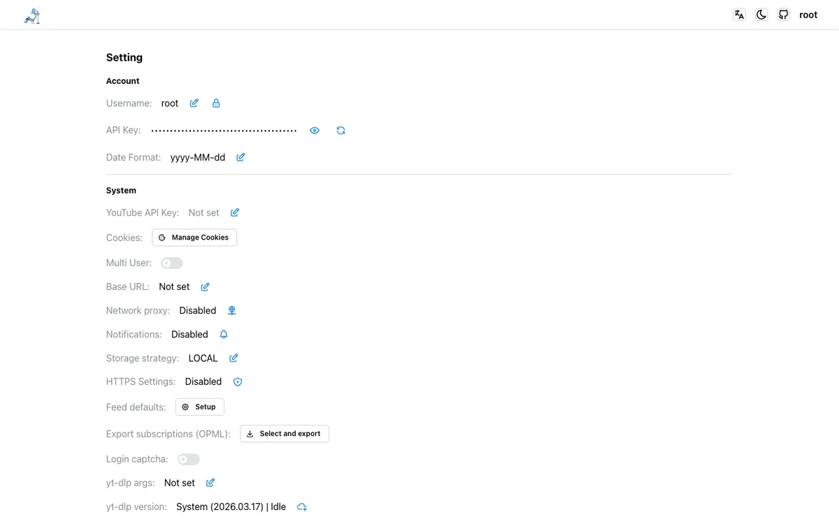 PigeonPod 設定頁截圖：YouTube API 金鑰、cookie 管理、儲存策略、yt-dlp 版本等維運選項一覽