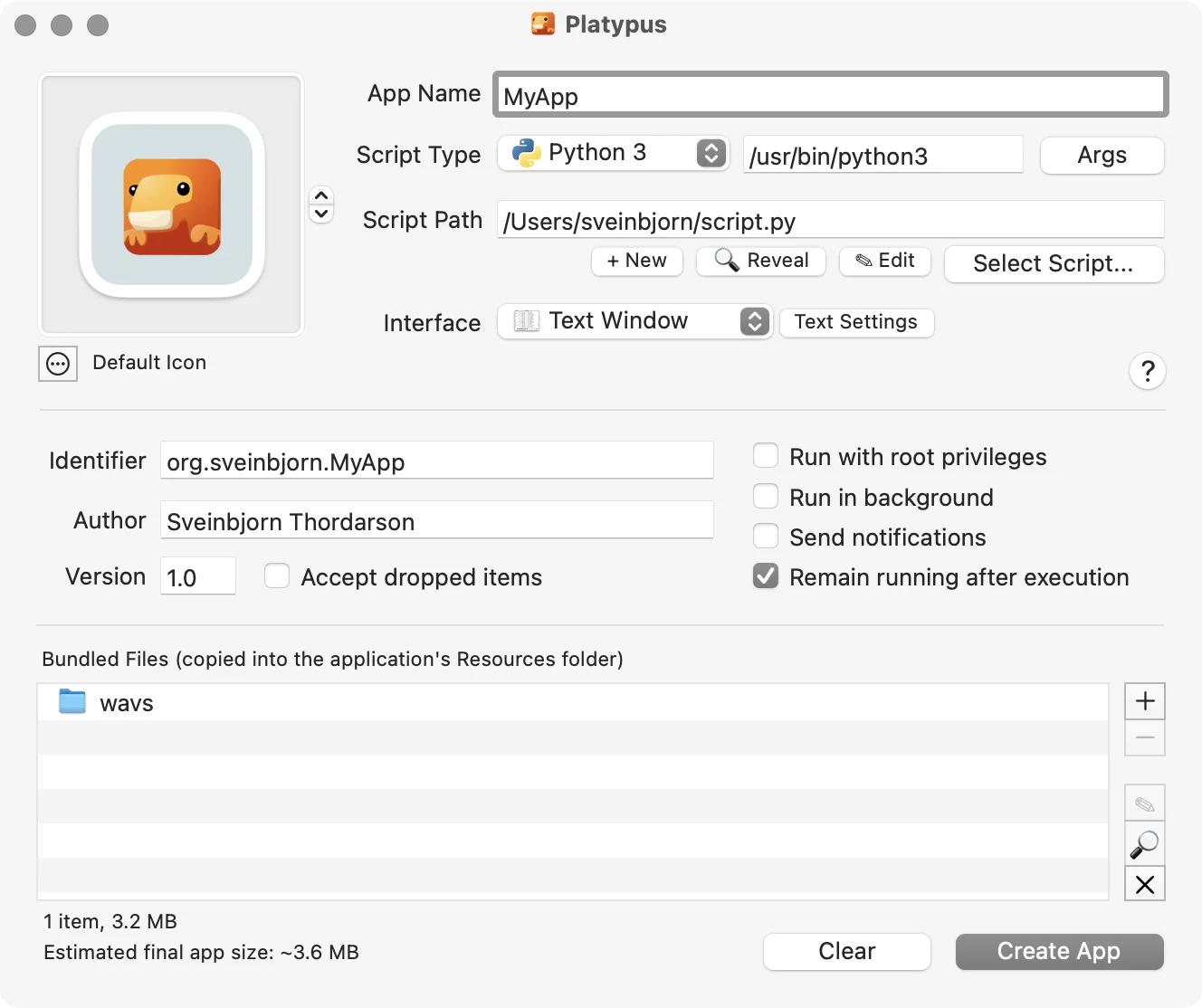 Platypus 實測:把命令列腳本包成原生 Mac App,先看清分發成本 3 Platypus 官方主視窗截圖,設定 App 名稱、腳本路徑、Shell 直譯器與介面類型後按 Create App 生成