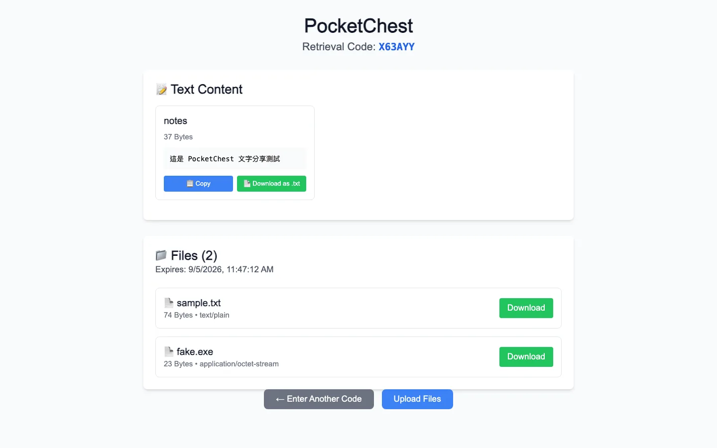 PocketChest 取件結果頁：輸入六位取件碼後列出櫃內檔案，可單獨下載或一次全下