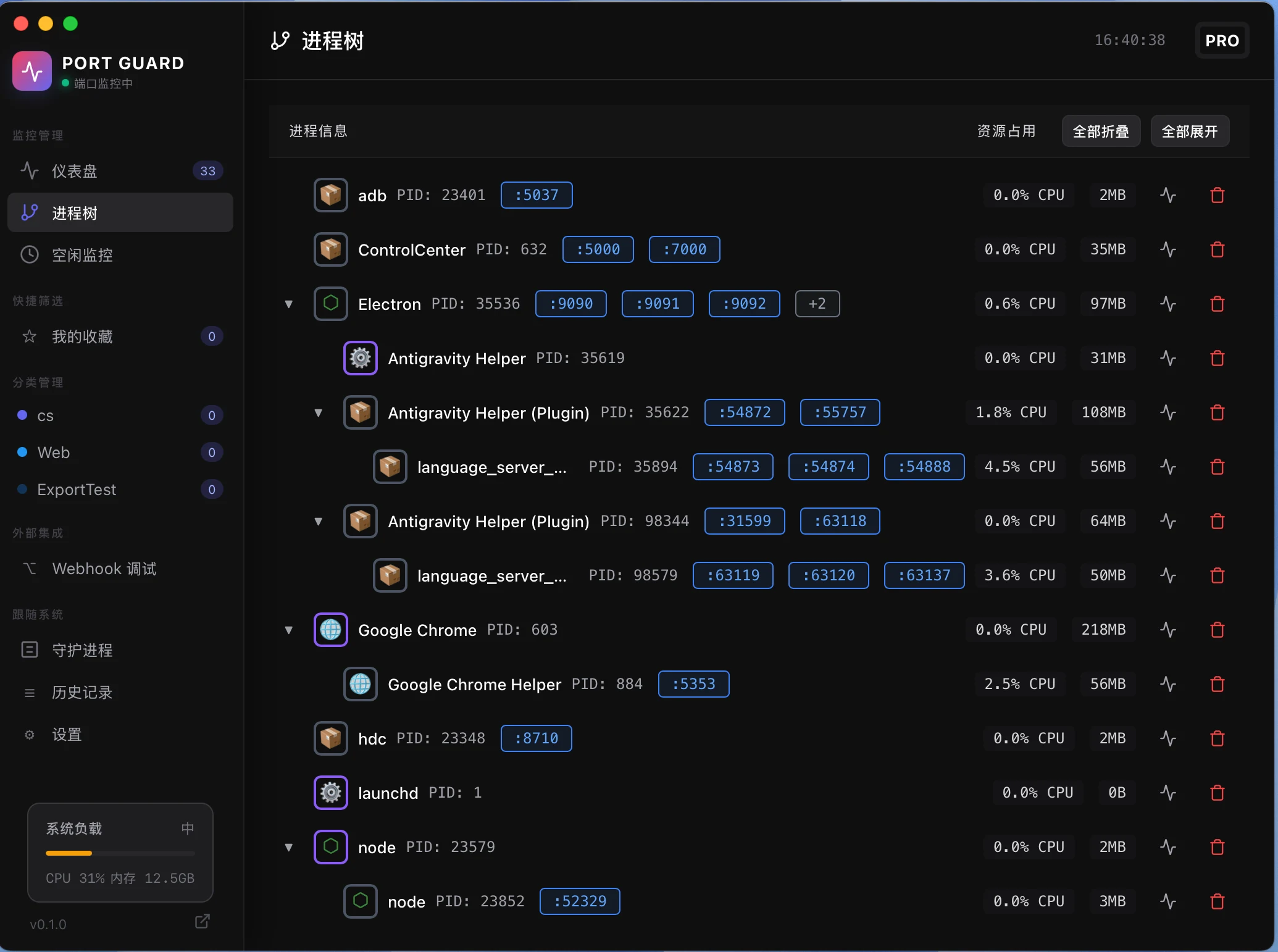 Port Guard:封閉源碼 macOS 連接埠管理工具,把 lsof 查詢收進圖形介面 3 Port Guard 官方行程列表截圖,顯示每個連接埠對應的行程與 PID 資訊