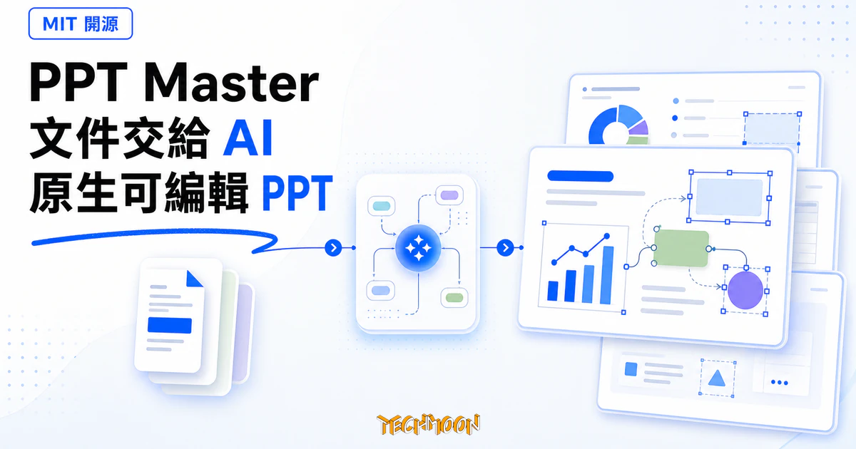 PPT Master:開源 AI 簡報工作流,把文件做成可編輯投影片 5 TechMoon 精選圖|PPT Master 把文件交給本機 AI agent,轉成原生可編輯的 PowerPoint 投影片,以文件、工作流節點與可編輯簡報畫布呈現。