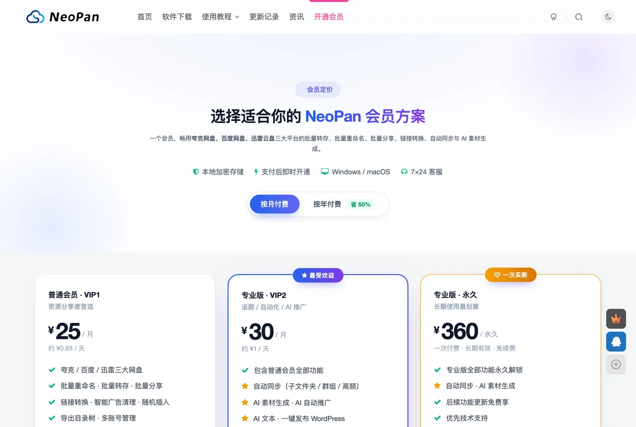 NeoPan 會員價格方案頁截圖，顯示 VIP1、VIP2 與永久版三種方案