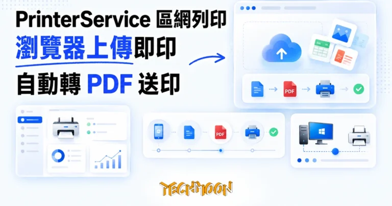 TechMoon 精選圖｜區網列印工具 PrinterService：把接印表機的 Windows 電腦變成瀏覽器列印閘道器，手機上傳檔案自動轉 PDF 靜默送印