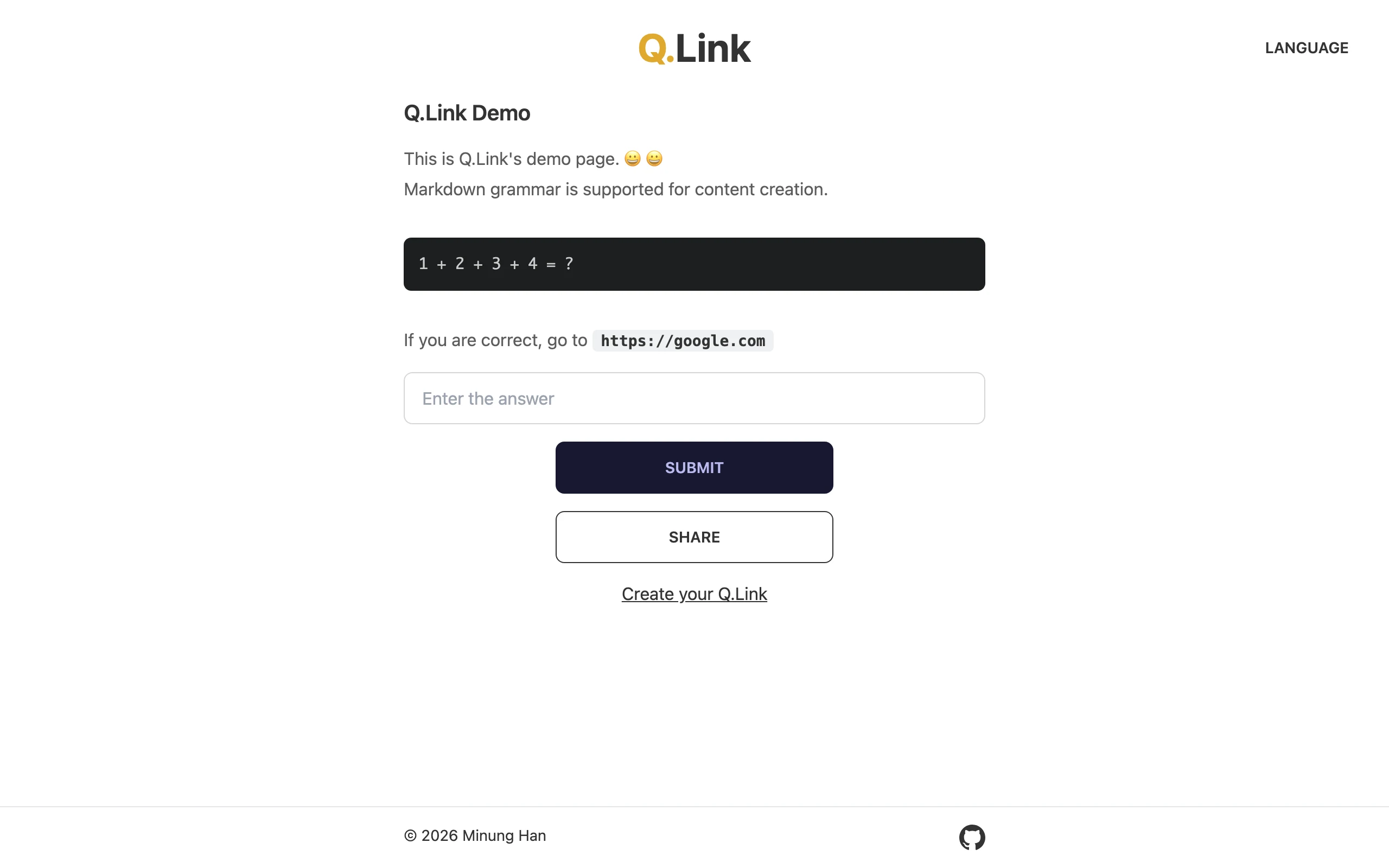 Q.Link 官方示範測驗頁：題目 1+2+3+4 與答案輸入框，頁面下方帶廣告區塊