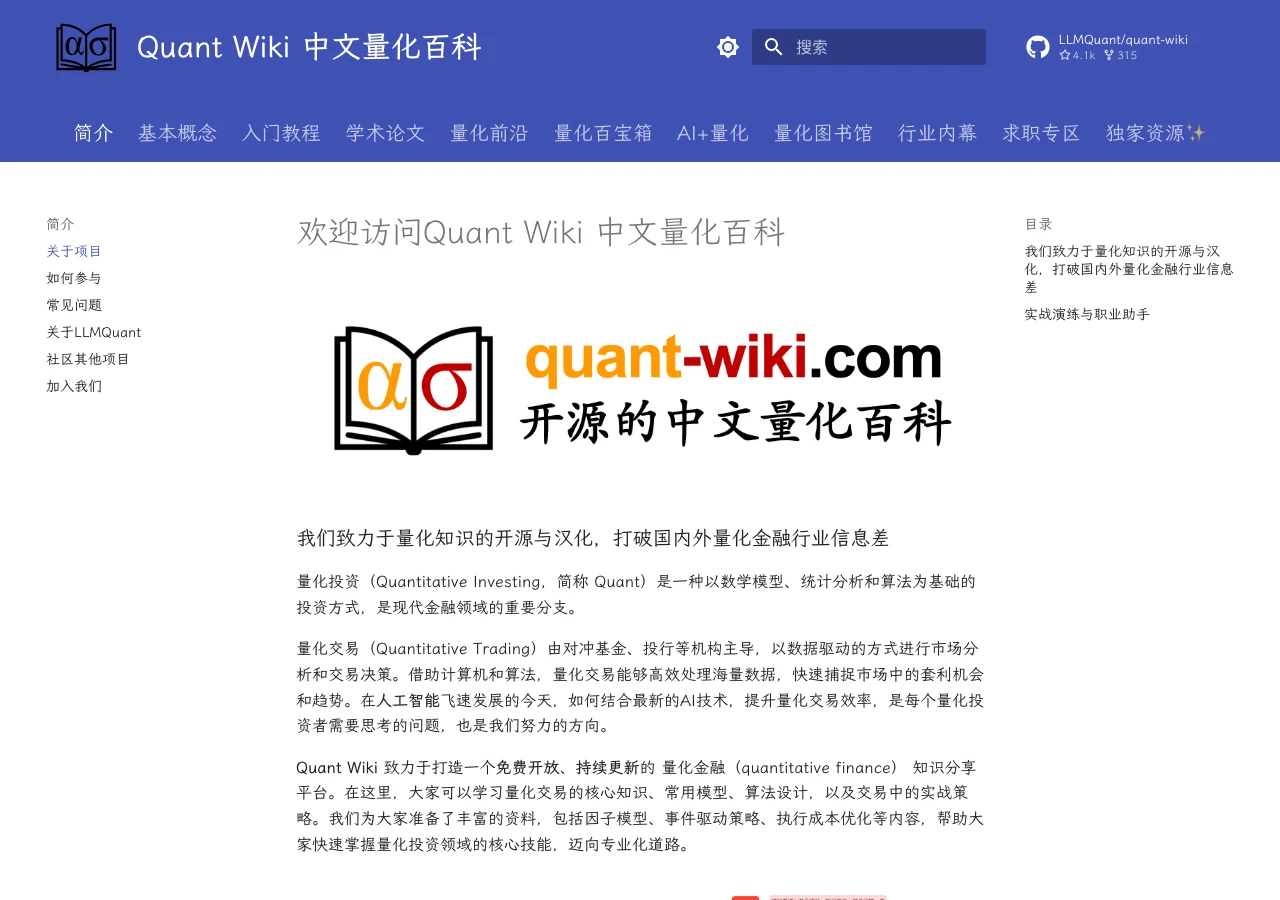 Quant Wiki 官方首頁截圖，標題寫著歡迎訪問中文量化百科，內文說明致力於量化知識的開源與漢化，右側為網站目錄