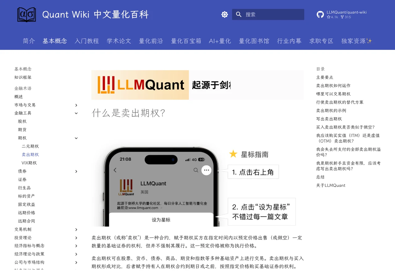 Quant Wiki 賣權條目頁面截圖，左側為金融術語分類選單，主內容區顯示什麼是賣出期權的定義與主要要點清單