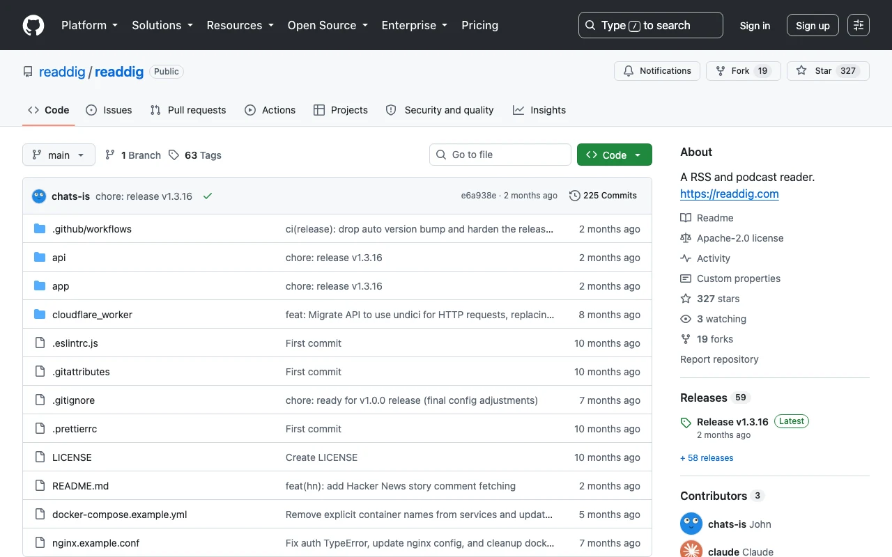 Readdig 開源 RSS 與 Podcast 閱讀器:自架前能從 repo 核對的設計事實 3 Readdig GitHub 原始碼庫頁面,顯示 327 stars、19 forks 與 Apache-2.0 授權