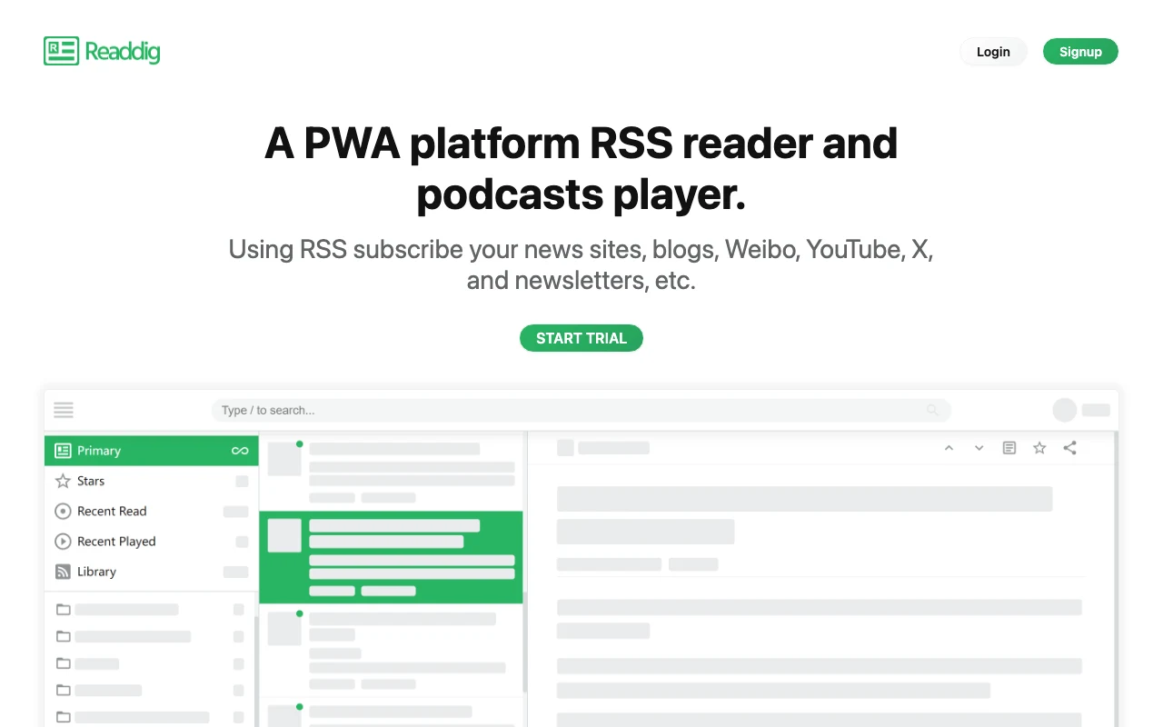 Readdig 開源 RSS 與 Podcast 閱讀器:自架前能從 repo 核對的設計事實 2 Readdig 官方網站 readdig.com 首頁,顯示 PWA platform RSS reader 標語與註冊試用入口