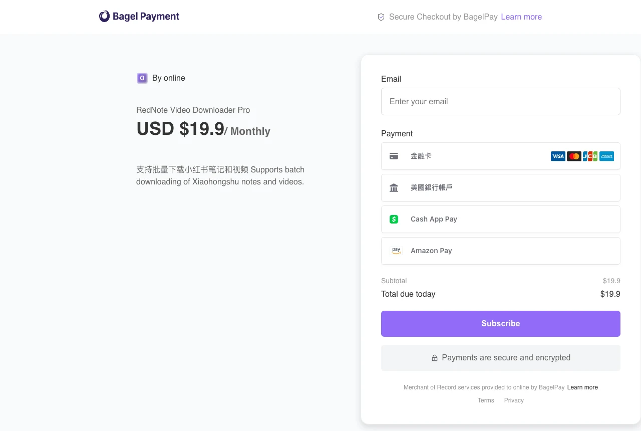小紅書下載器 rednotevideodownload 實測,先看清免費宣稱再貼連結 3 BagelPay 付款頁顯示 RedNote Video Downloader Pro 每月 19.9 美元的訂閱方案