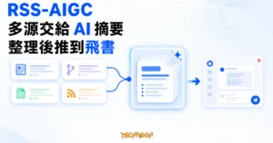 TechMoon 精選圖｜RSS-AIGC 把多個 RSS 與資訊來源交給 AI 摘要整理，再推送到飛書協作群組的自動化流程。