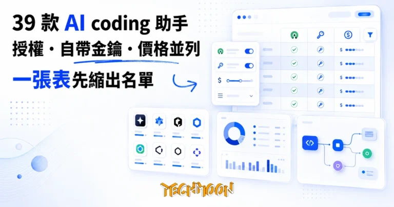 rysonai:39 款 AI coding 助手對比表,先縮名單再重查數字 2 TechMoon 精選圖|AI coding 工具對比表網站 rysonai,39 款程式設計助手並列成可篩選的表格,欄位有開源授權、自帶 API 金鑰與每月價格