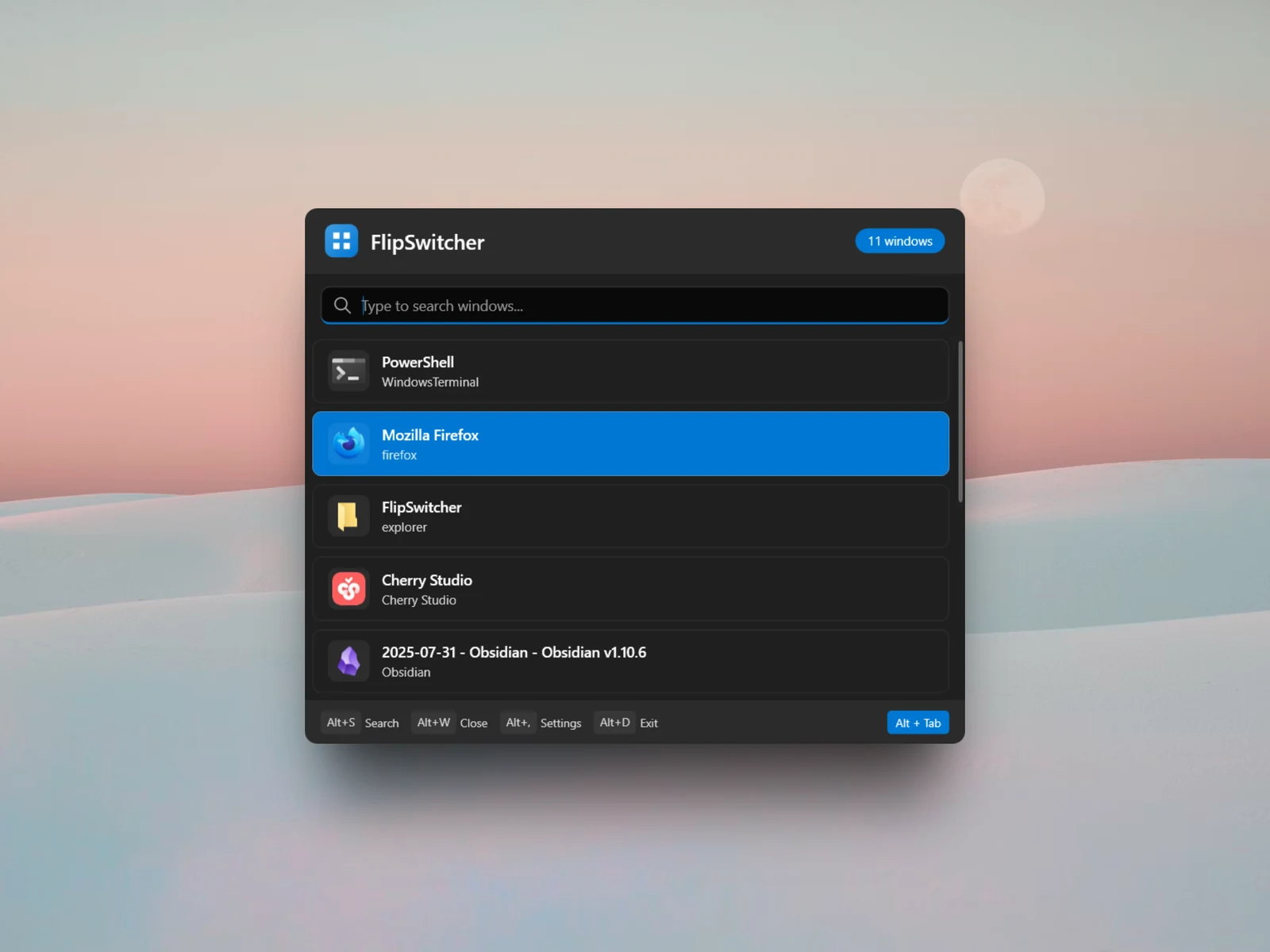 FlipSwitcher:把 Alt+Tab 補上搜尋與視窗管理的開源切換器 2 FlipSwitcher 視窗切換器主面板示意圖,上方搜尋框下方條列開啟中的視窗與應用圖示