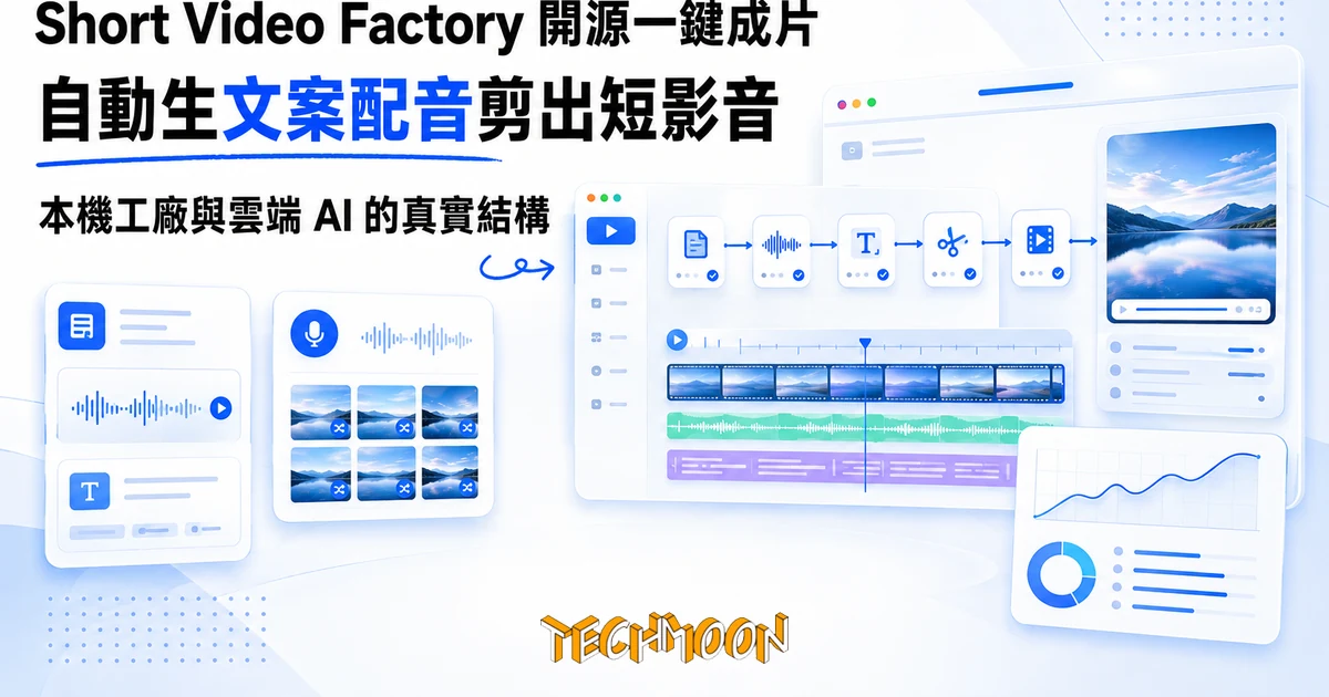 Short Video Factory 開源一鍵成片,自動生文案配音剪出短影音 1 TechMoon 精選圖|開源短影音一鍵成片生產線:一句賣點進,自動配音字幕與隨機混剪的成片出的桌面工廠