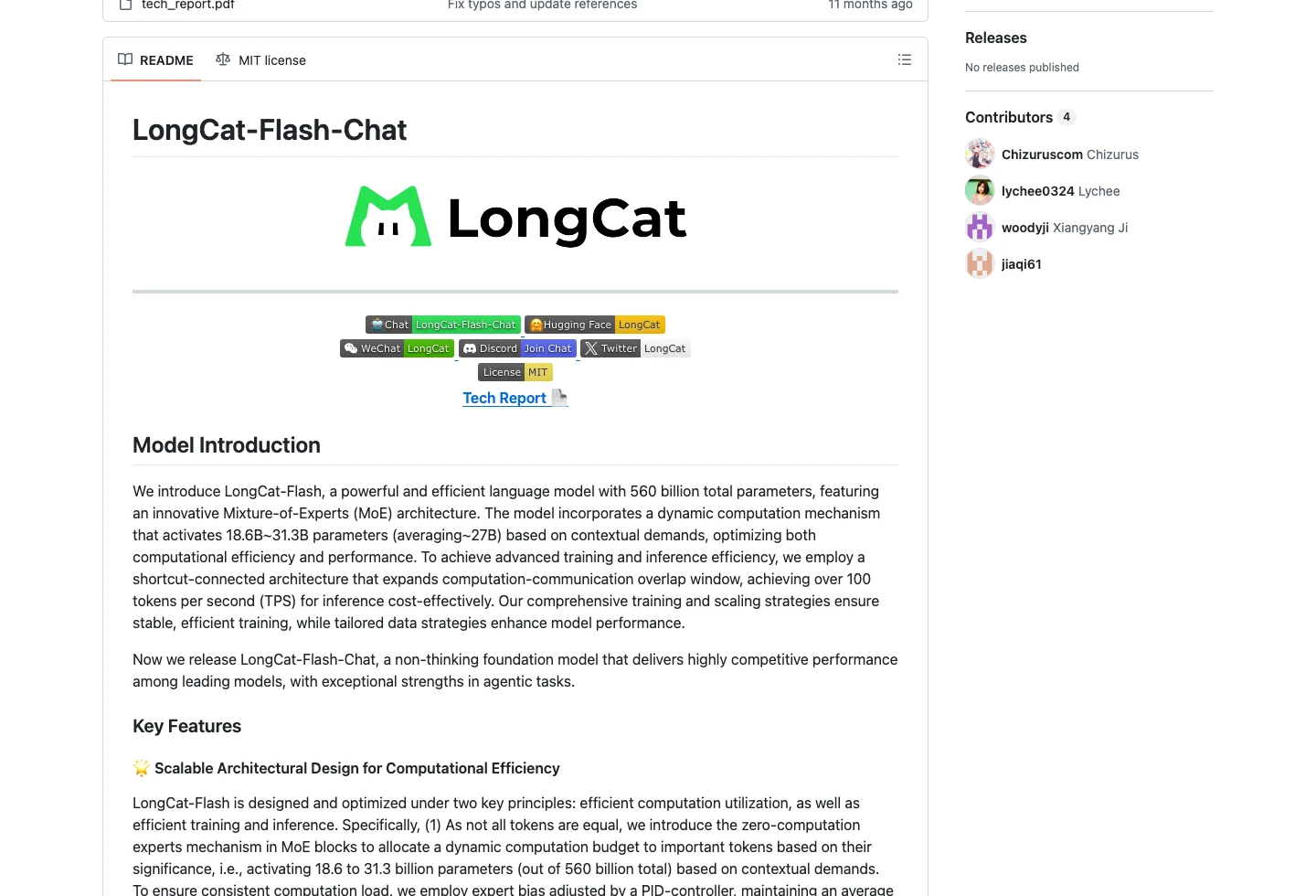 LongCat-Flash-Chat 官方 GitHub 儲存庫的模型介紹頁面，開頭說明 560B MoE 架構與動態激活參數