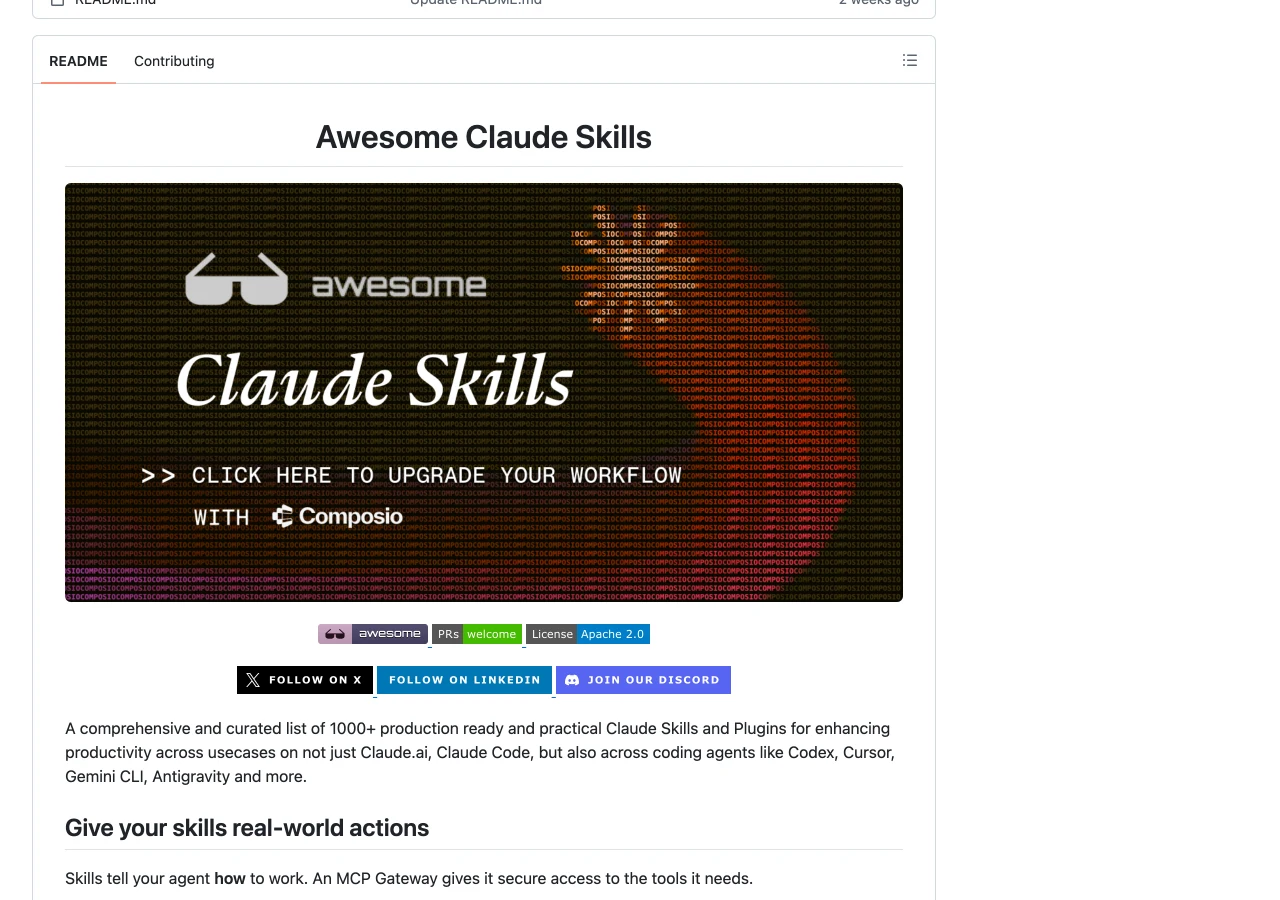 Awesome Claude Skills:Composio 維護的 Claude 技能精選清單,與平台登錄檔互補的策展入口 3 Awesome Claude Skills 的 README Skills 段落,列出十個功能型分類的小標與條目,從文件處理到輔助科技