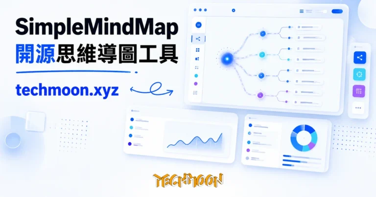 TechMoon 精選圖｜SimpleMindMap 開源思維導圖工具：發光節點連成的思維導圖樹狀結構，深色科技感背景，節點以光線相連
