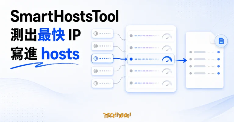 SmartHostsTool:開源 GitHub Hosts 測速工具,用測速把被汙染的 DNS 指向最快可用 IP 7 TechMoon 精選圖|SmartHostsTool 將多個候選 IP 測速排序,選出最快可用節點並寫進系統 hosts 檔。