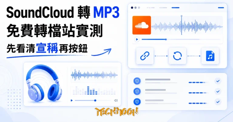 TechMoon 精選圖｜SoundCloud 線上轉 MP3 免費轉檔工具實測：波形圖、耳機與轉檔流程的明亮科技插畫
