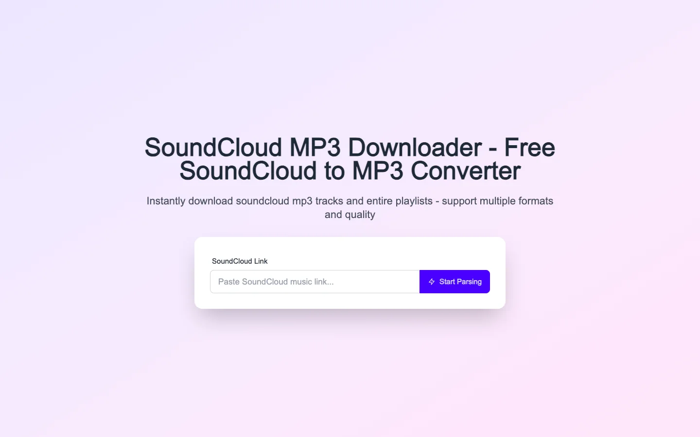 soundcloudtomp3.ai 官網首頁：標題 SoundCloud MP3 Downloader、SoundCloud Link 輸入框與紫色 Start Parsing 按鈕