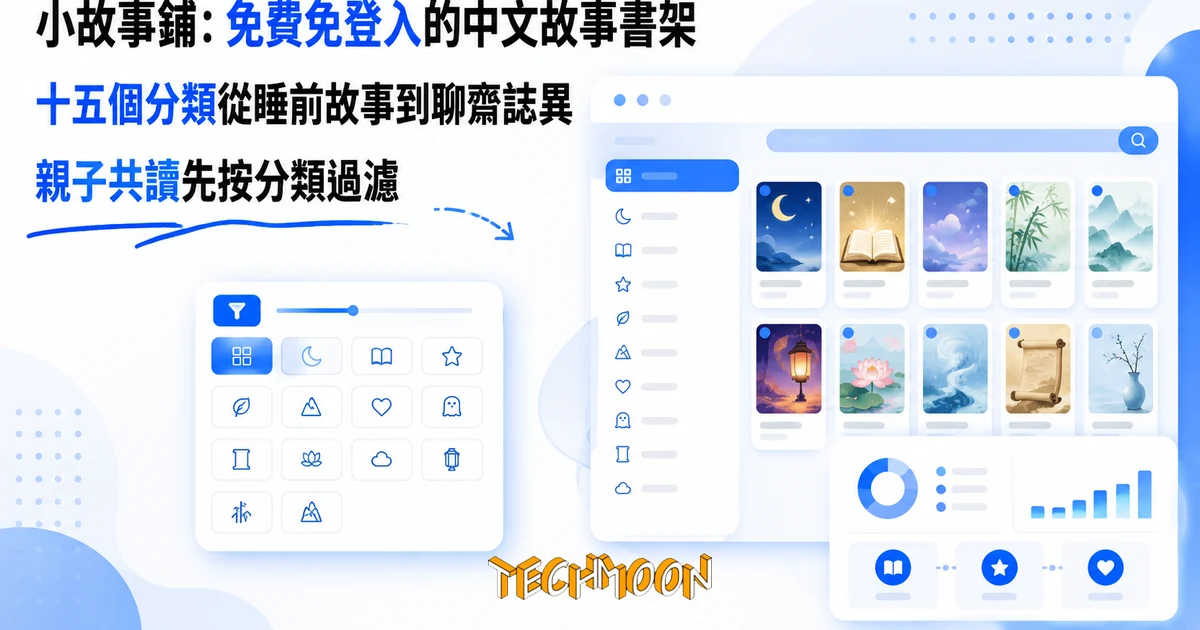 小故事鋪實測:免費免登入的故事網站,親子共讀先按分類過濾 1 TechMoon 精選圖|兒童睡前故事免費閱讀網站,分類書架與親子共讀