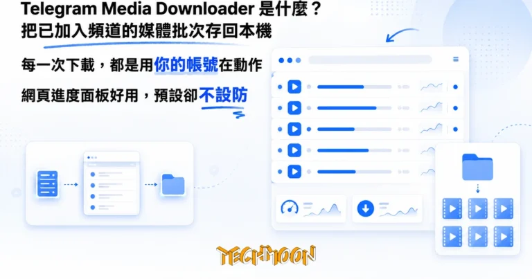 TechMoon 精選圖｜自架 Telegram 頻道媒體下載器的編輯插圖：伺服器上的網頁進度面板顯示多個影片檔案批次下載的進度條與速度，媒體檔案收進本機資料夾