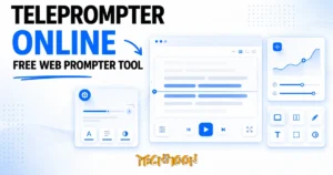 TechMoon 精選圖｜Free online teleprompter in a browser window, scrolling script text with an indicator line, for video creat