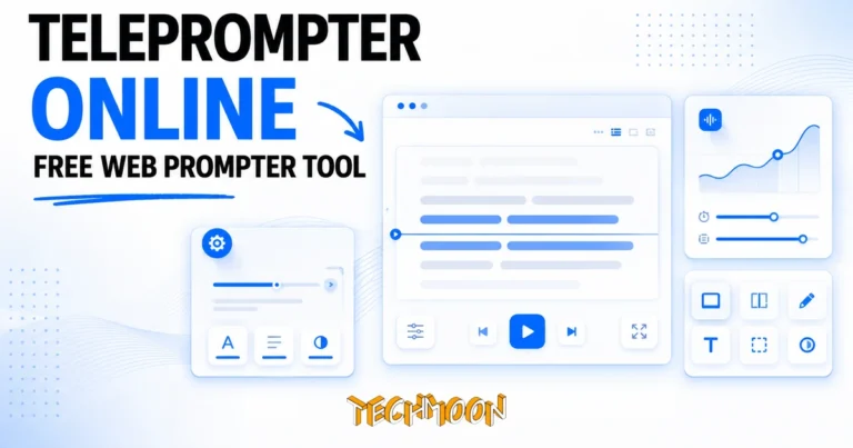 TechMoon 精選圖｜Free online teleprompter in a browser window, scrolling script text with an indicator line, for video creat