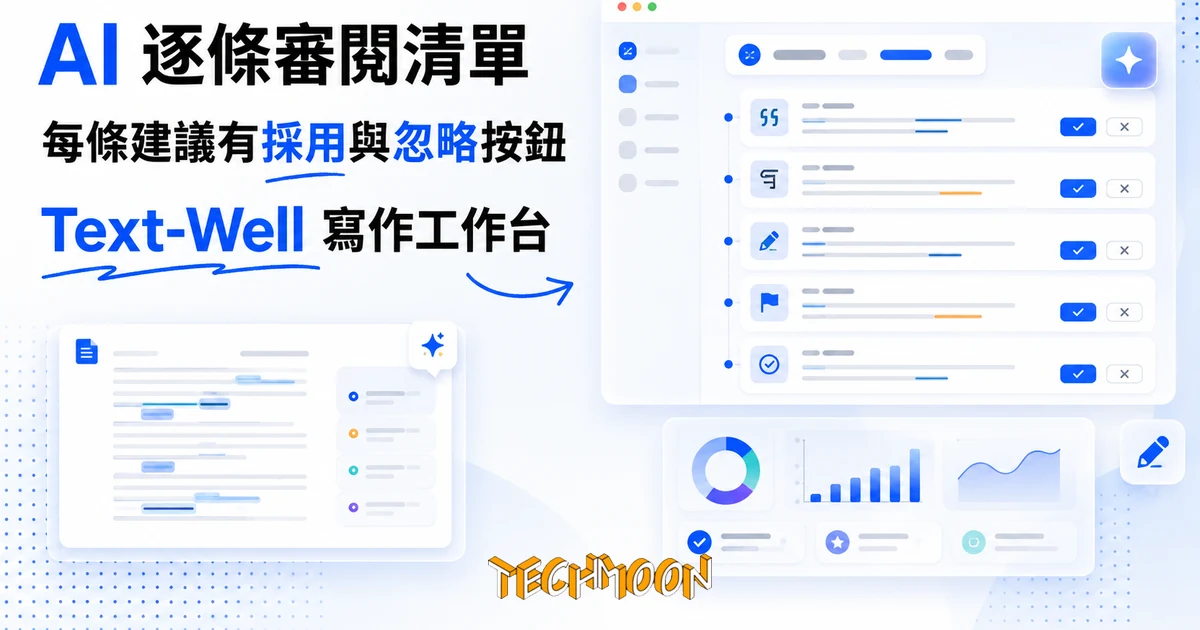 Text-Well:把 AI 改稿變成逐條審閱,採不採用你說了算 1 TechMoon 精選圖|Text-Well 線上 AI 寫作審閱平台:把 AI 修改建議做成逐條清單的工作台介面