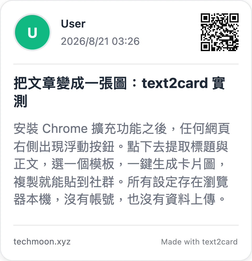 text2card 生成的分享卡片範例，短標題加三行摘要排版成 960x996 的圖片