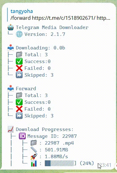 Telegram Media Downloader 官方示範的機器人對話，下指令後回覆下載統計與單檔進度