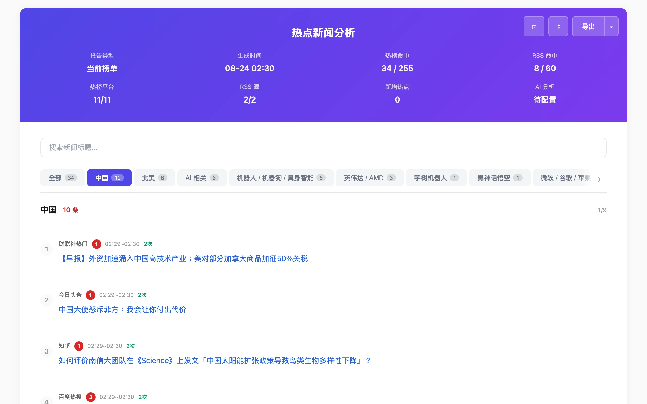 TrendRadar 本機執行一輪後產生的 HTML 報告畫面，頂部統計列顯示熱榜命中 34/255、RSS 命中 8/60，列表第一條為特斯拉 FSD 新聞 7.44 分，附跨平台排名標籤