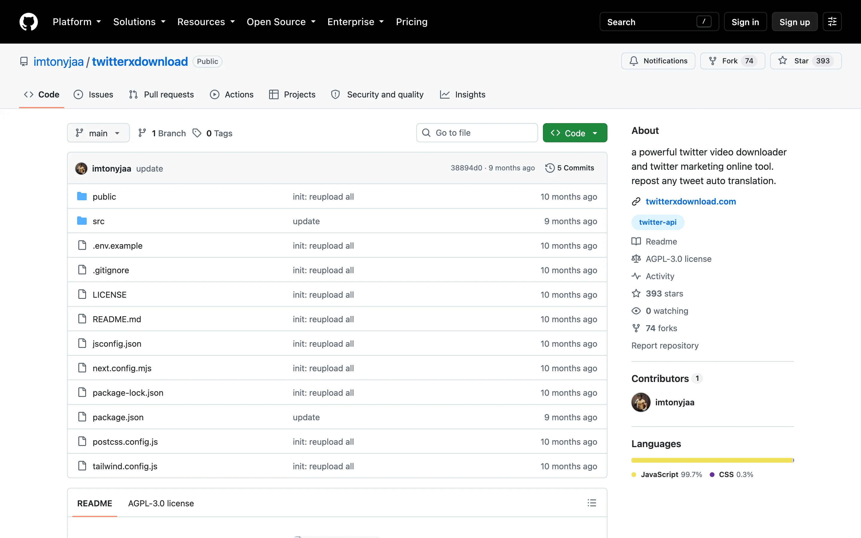 X 影片下載工具 TwitterXDownload,自架前先看清計費後端 2 TwitterXDownload 的 GitHub repo 頁面,顯示 AGPL-3.0 授權、393 顆星與自架指南