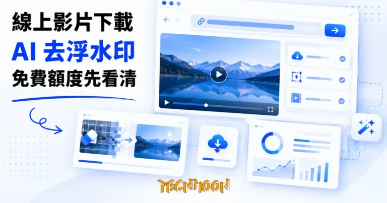 TechMoon 精選圖｜線上影片下載與去浮水印工具的封面：瀏覽器視窗裡貼上一條影片連結，周圍漂浮影片播放畫面與被擦除修補的方塊網格，深藍科技感背景
