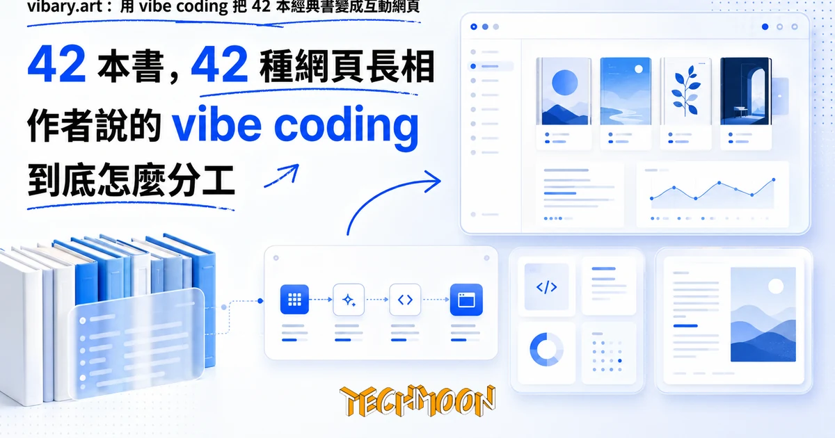 TechMoon 精選圖｜一個把 42 本經典書變成 42 個獨立互動網頁的 AI 文化實驗，主題是 vibe coding 工作法把書籍轉成網頁媒介